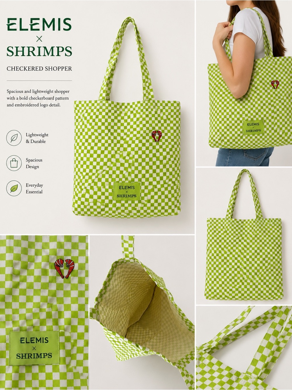 ELEMIS x SHRIMPS Lime Checkered Shopper Tote